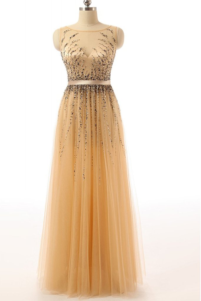 Beaded Gold Long Cap Sleeves Modest Prom Party Dresses PFP1321  Promfast