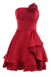 Strapless Red A Line Pleats Short Prom Dress With Flowers, Homecoming Dress