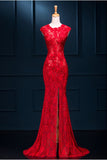 Long Sexy Red Lace See Through Split Mermaid Prom Evening Dresses PFP1322