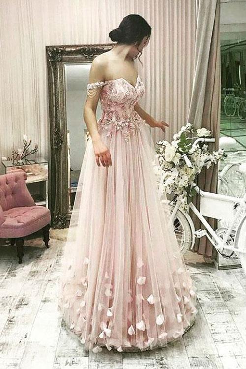 Pink Tulle A Line Off the Shoulder Flowers Long Prom Dress 
