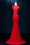 Long Sexy Red Lace See Through Split Mermaid Prom Evening Dresses PFP1322