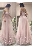 Pink Tulle A Line Off the Shoulder Flowers Long Prom Dress 