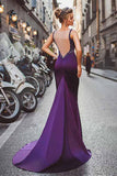 Satin Purple Mermaid Prom Dresses With Beading,Long Formal Evening Dress