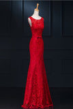 Sheath Real Sexy Red Lace Long Mermaid Backless Prom Evening Dresses PFP1324
