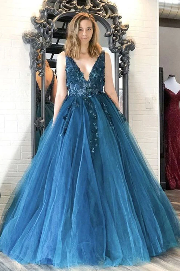 Promfast Ball Gown V Neck Teal Tulle Long Prom Dresses with Appliques,Quinceanera Dresses,Girls Junior Graduation Gown PFP1898