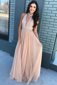 Pink Beaded Bodice High Neck Long Tulle Prom Dresses,A-Line Long Evening Dresses