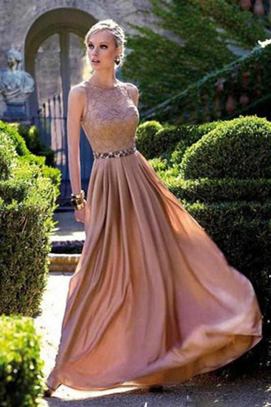 Coral Long Chiffon Lace Floor-length Round Prom Dresses With Beads