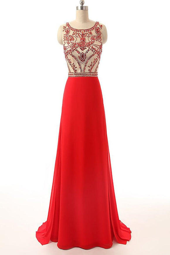Beaded Long Prom Dress Red Chiffon Cheap Evening Gowns PFP1326