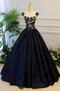 Generous Puffy A-Line Cap Sleeves Lace-up Black Satin Long Prom Dress with Appliques PFP0445