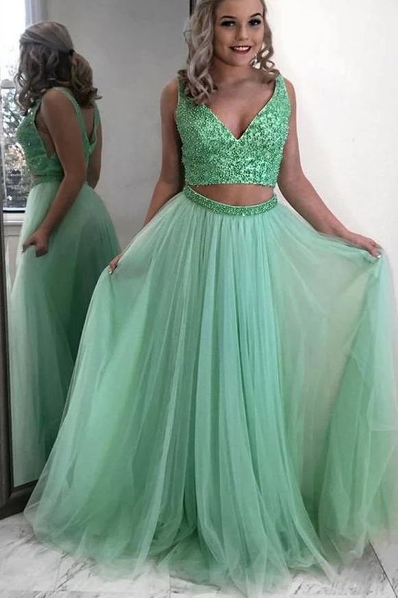 Promfast Gorgeous Two Piece V Neck Mint Tulle Long Prom Dresses with Beading PFP1899