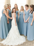 A-Line V-Neck Floor-Length Dusty Blue Chiffon Simple Bridesmaid Dress with Ruched PFB0151