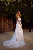 Promfast Modest Tulle Off-the-Shoulder A-Line Rustic Appliques Wedding Dresses PFW0541