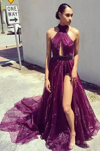 Elegant Purple A Line Long Front Slit Formal Prom Dress