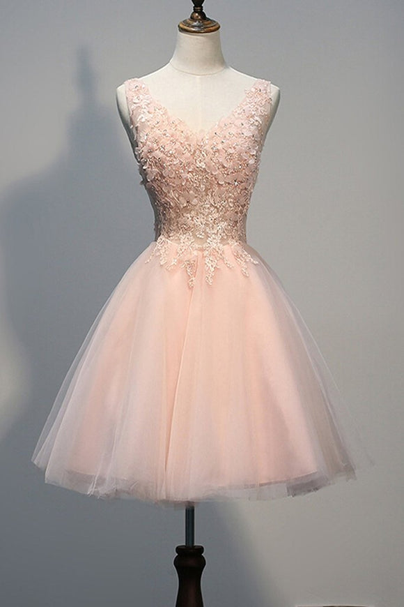Blush Pink Lace Beaded Backless V-neck Homecoming Dresses PFP1328