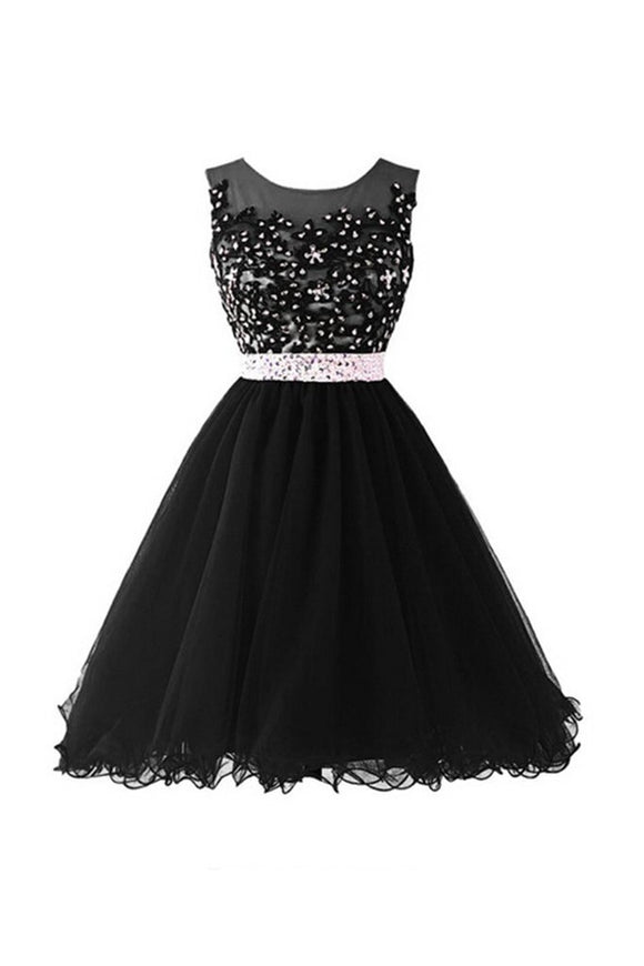 Black Beaded Cap Sleeves Lace Homecoming Cocktail Dresses PFP1329