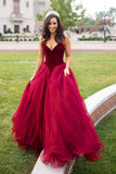 Elegant Strapless A-line Long Burgundy Tulle Prom Dress A Line Evening Dress