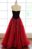 Elegant Strapless A-line Long Burgundy Tulle Prom Dress A Line Evening Dress