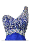 Royal Blue Beaded One Shoulder Long Prom Party Dresses PFP1330