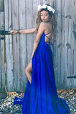 Simple Scoop A Line Split Side Royal Blue Straps Satin Prom Dress