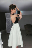 Simple A-Line Halter Backless Tea-Length Ivory and Black Homecoming Dresses PFH0115
