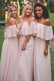 Cheap Simple Pink Off the Shoulder Pink Ruffles Long Bridesmaid Dresses PFB0017