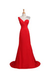 Satin Red Long Beaded One Shoulder Prom Party Dresses PFP1336