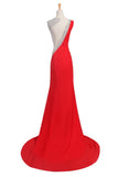 Satin Red Long Beaded One Shoulder Prom Party Dresses PFP1336