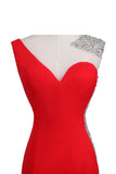 Satin Red Long Beaded One Shoulder Prom Party Dresses PFP1336