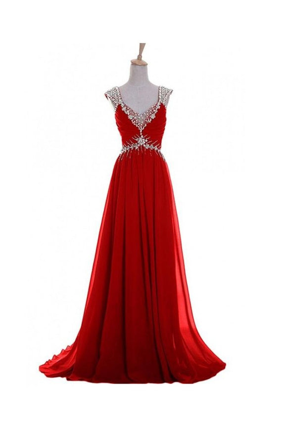 V Neck A-line Red Backless Chiffon Prom Dresses PFP1338