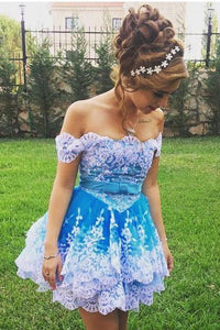 Off Shoulder Lace Appliques Short Prom Gown, Cute Homecoming Dress