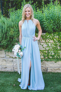 Best A Line Floor-Length Split Blue Chiffon Sleeveless Bridesmaid Dress PFB0018