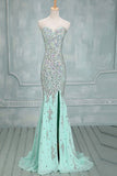 Mermaid Beaded Mint Front Split Long Prom Dress Evening Dresses PFP1344