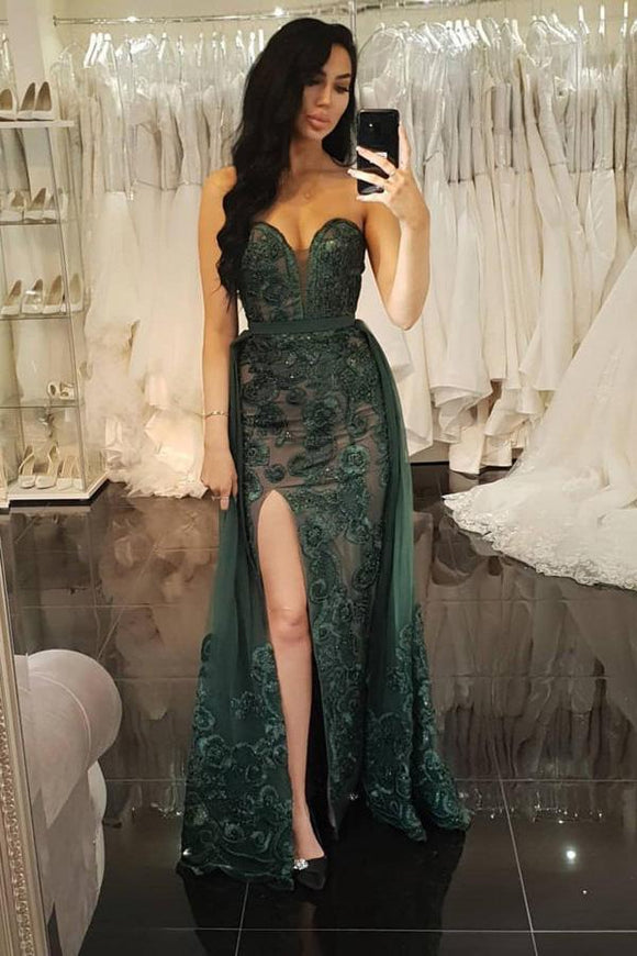 Sheath Sweetheart Dark Green Detachable Prom Dress with Appliques PFP1347