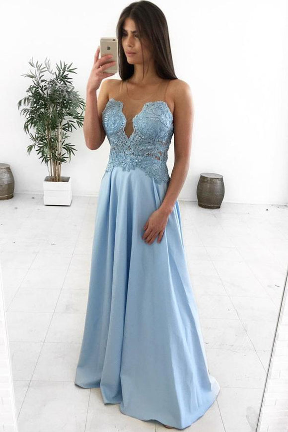 A-Line Illusion Round Neck Light Blue Satin Prom Dress with Appliques PFP1348