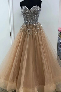 Promfast Sweetheart Floor Length Beading Prom Dress, Glitter Gold Long Formal Dress PFP1902
