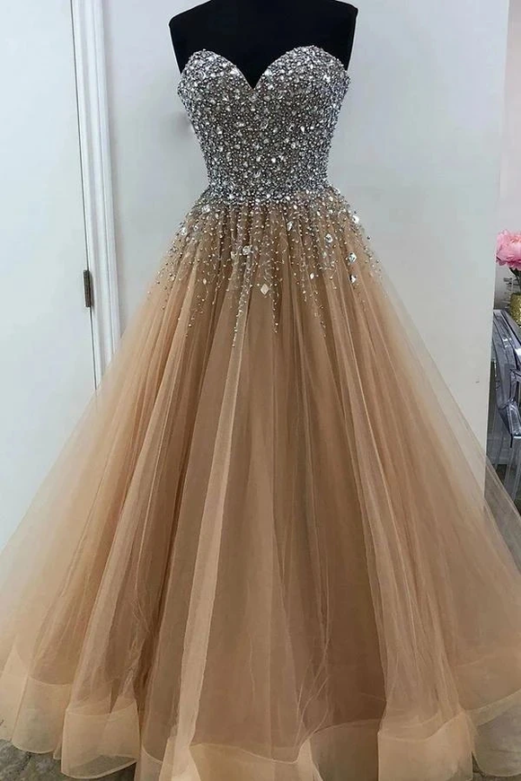 Promfast Sweetheart Floor Length Beading Prom Dress, Glitter Gold Long Formal Dress PFP1902