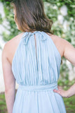 Best A Line Floor-Length Split Blue Chiffon Sleeveless Bridesmaid Dress PFB0018