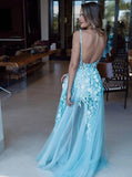 A-Line V-Neck Backless Light Blue Prom Dress with Appliques PFP1349