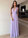 A-Line V-Neck Floor-Length Lilac Chiffon Prom Bridesmaid Dress PFP1350