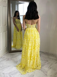 Charming A-Line Spaghetti Straps Floor-Length Yellow Lace Prom Dress PFP1351