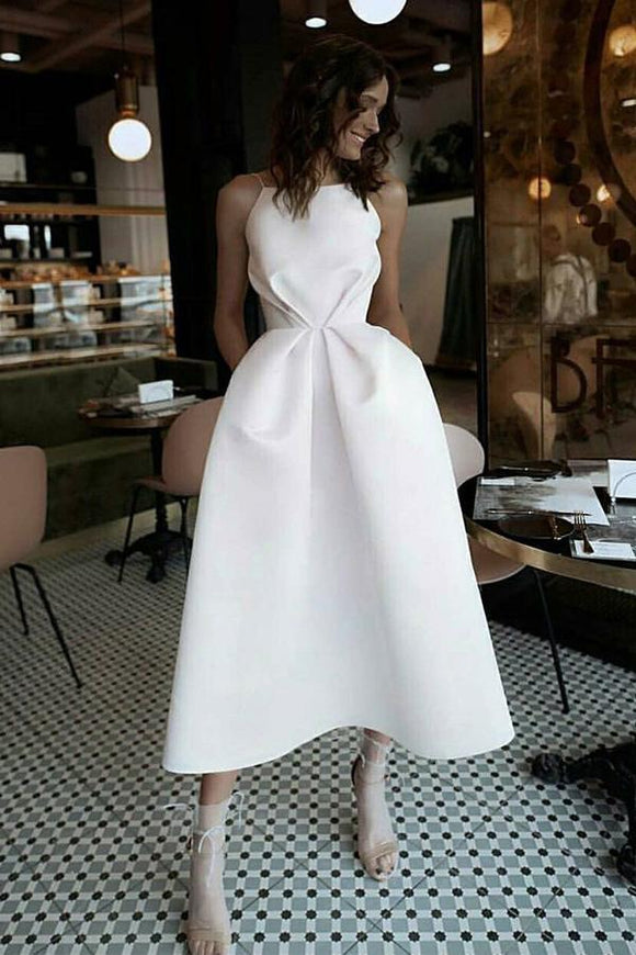 Spaghetti Straps White Prom Dress with Pockets Tea-Length Party Dress PFP1352