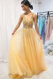 Promfast A Line Floor Length Tulle Prom Dress with Sequins, Cheap V Neck Long Formal Dresses PFP1903