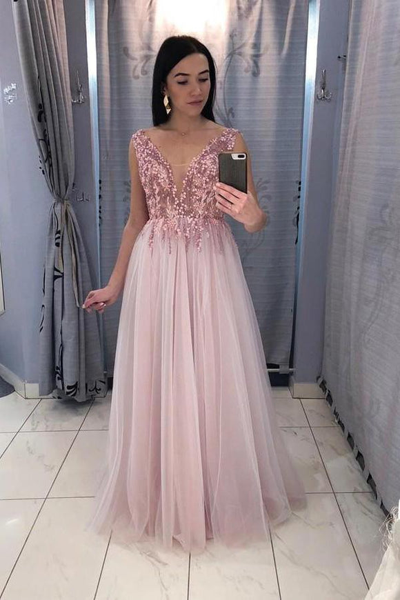 A-Line V-Neck Floor-Length Pink Prom Party Dress with Sequins PFP1355