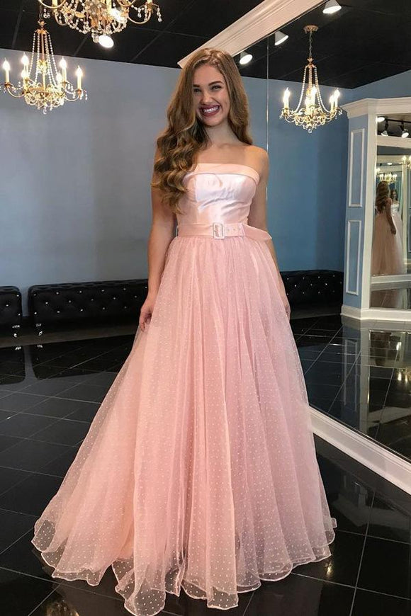 A-Line Strapless Floor-Length Pink Tulle Prom Dress with Belt PFP1357