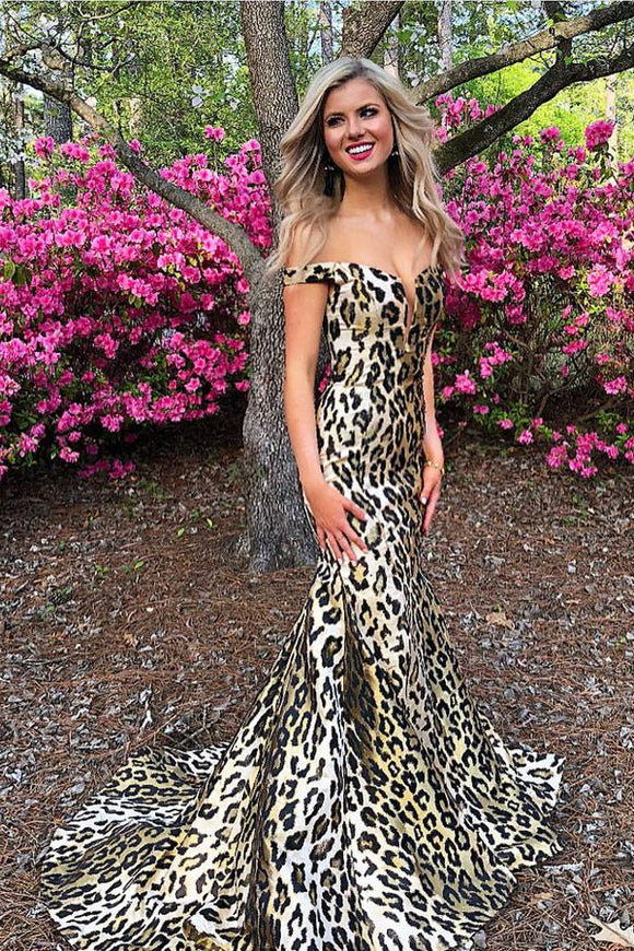 Mermaid Off-the-Shoulder Sweep Train Leopard Print Prom Dress PFP1359