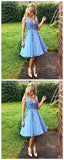 Simple Blue V-Neck Lace Cheap Short Homecoming Dress With Lace Appliques PFH0118