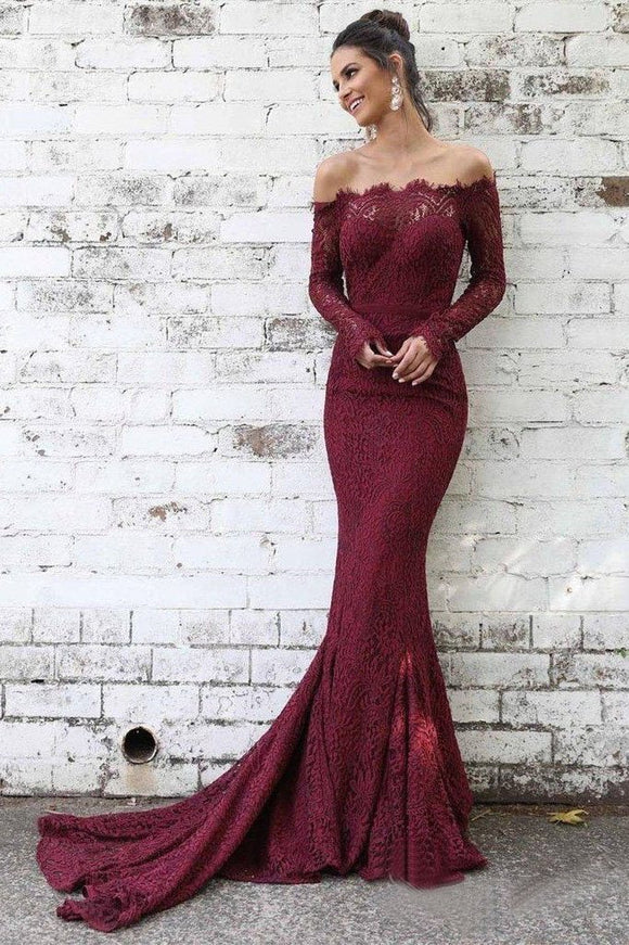 Long Sleeve Lace Maroon Mermaid Prom Dresses Off the Shoulder Evening Dress PFP1364