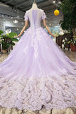 Lilac Ball Gown Short Sleeves Prom Dresses with Lace, Quinceanera Dress PFP1366