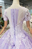Lilac Ball Gown Short Sleeves Prom Dresses with Lace, Quinceanera Dress PFP1366
