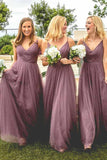 A-Line Spaghetti Straps V Neck Floor-Length Light Purple Tulle Bridesmaid Dress PFB0020